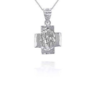 925 Sterling Silver Jesus Face On a Cross Pendant Necklace